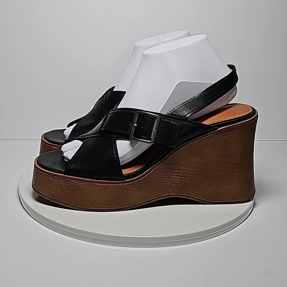 Lucky Brand Delaynee Black Leather Platform Wedge Sandals 8.5 NWOT Boho Resort
